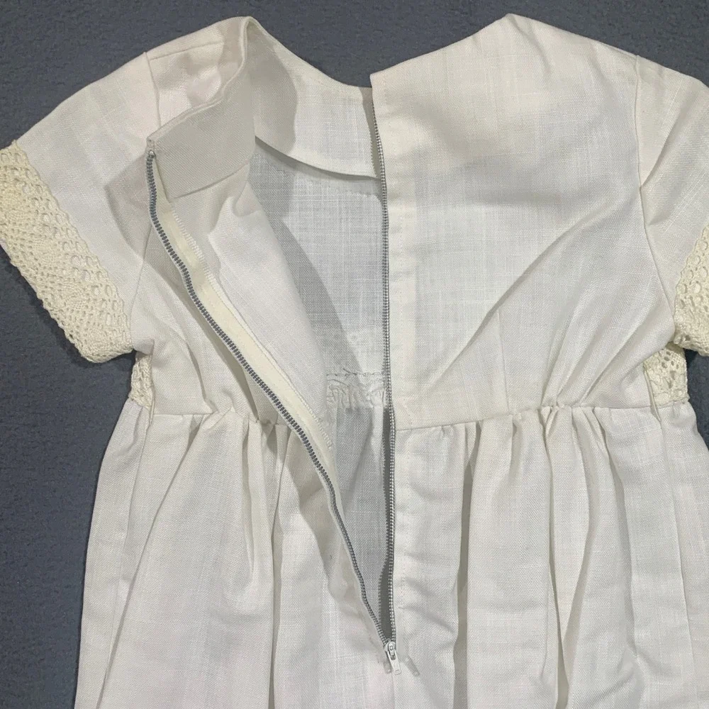 Vintage Girls Ivory Linen Lace Trim Empire Waist Dress‎ Short Sleeve 26.5in L